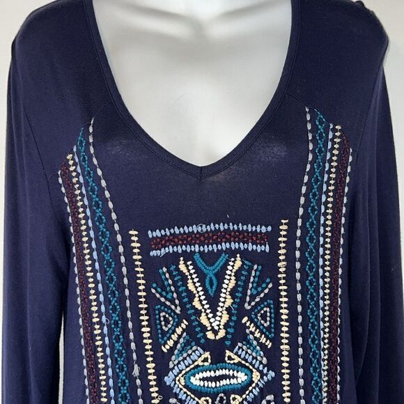 CAITE Navy Blue Lightweight 3/4 Sleeve Embroidered V Neck Tunic Top-S - Picture 2 of 9